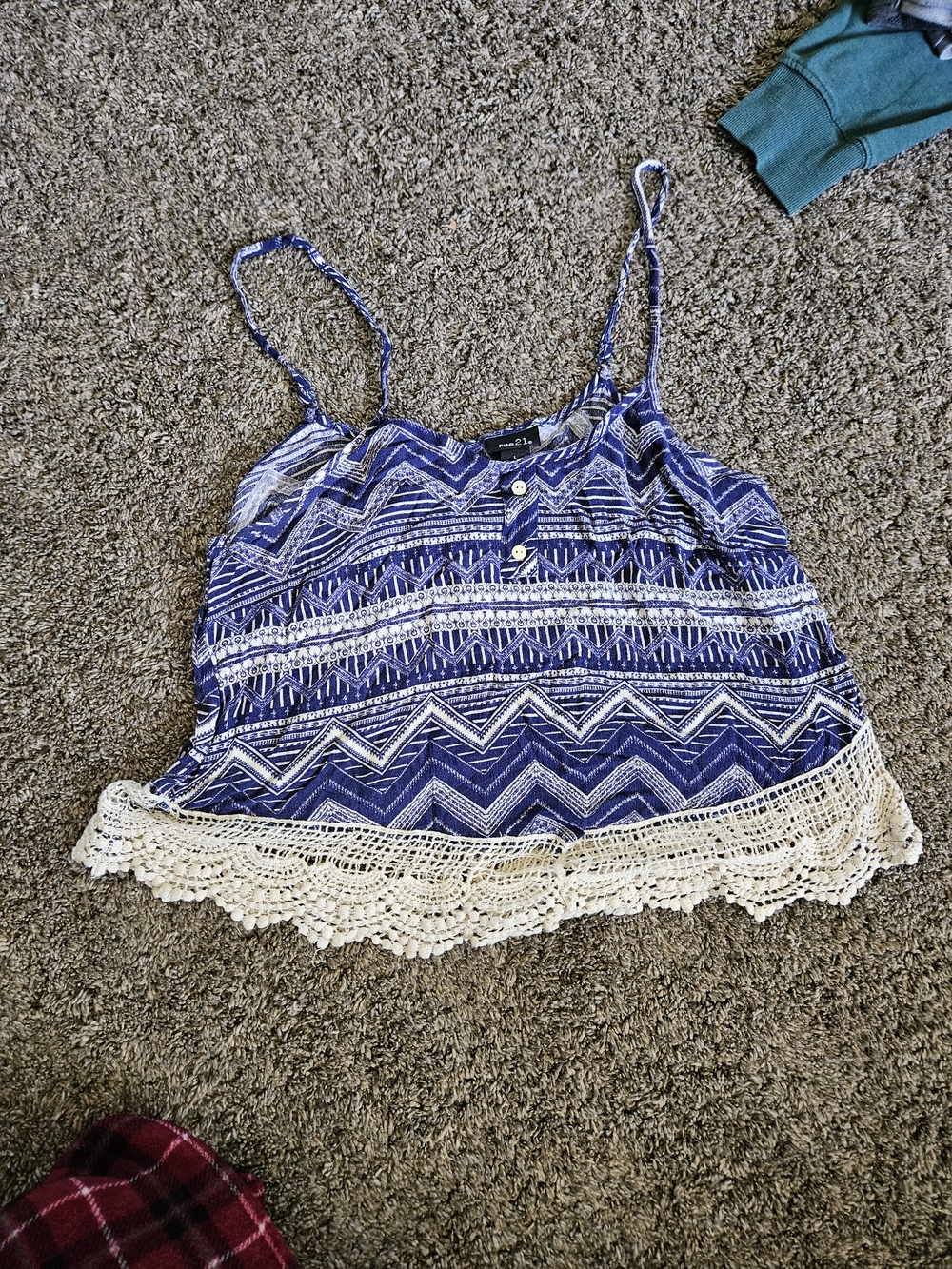 Rue21 Blue Printed Crochet-Hem Spaghetti Strap Camisole